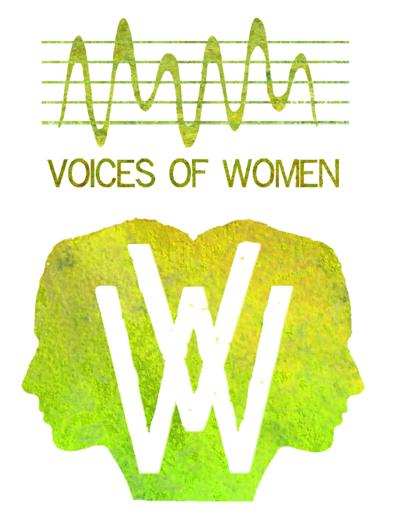 Green yellow logo for Voices of Women project. Including two heads and notation like resonating waves. © VOW